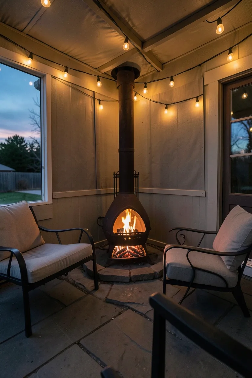 Hyper-realistic slightly elevated photograph of back porch with cast iron chimenea in corner, gentle flames visible, two cushioned chairs arranged around small stone surface, evening twilight sky, string lights overhead casting soft glow. Evening ambient light. Materials: cast iron, stone, weather-resistant fabric, metal. Warm gathering mood. Sharp details on flame and metal patina. No text, no logos, no watermarks.