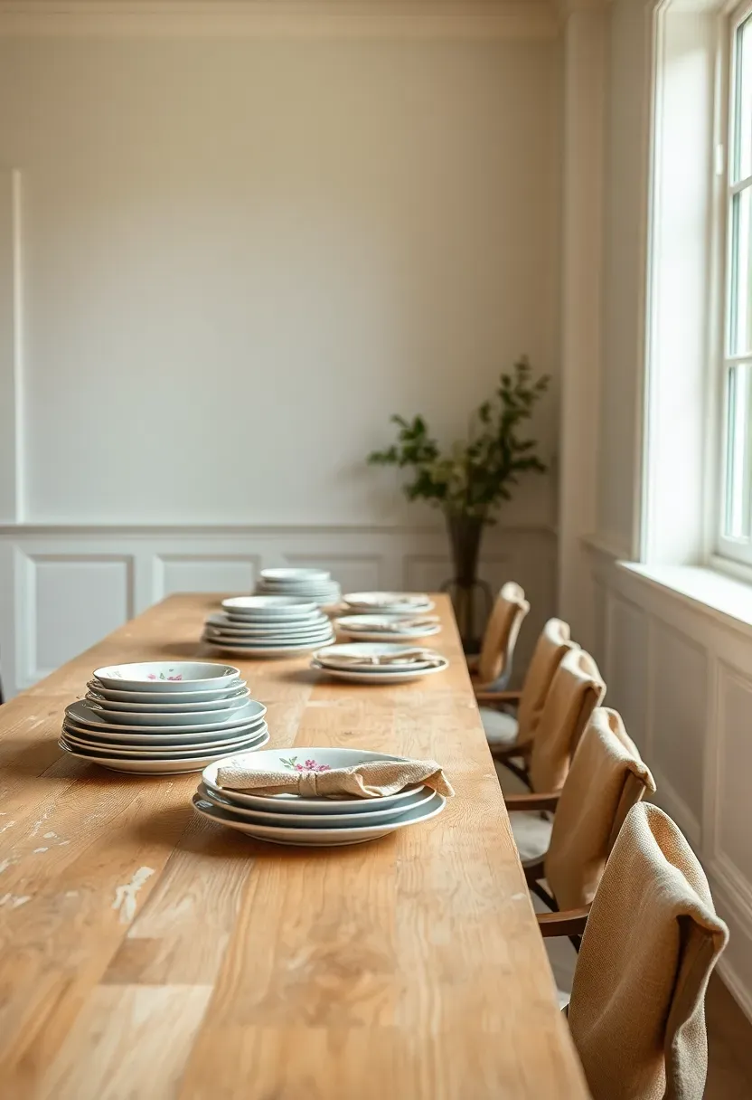 Long farmhouse trestle dining table with peeling cream paint and exposed pine grain set with vintage plates and linen napkins in a bright room