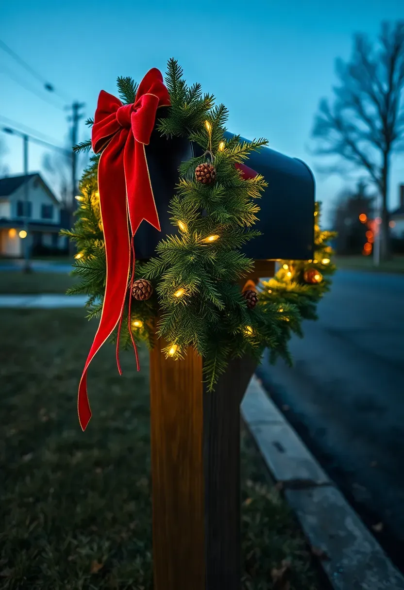 Hyper-realistic eye-level view of a residential roadside mailbox on a wooden post, decorated with a fresh evergreen garland wrapped around the post and a red velvet bow, plus battery-operated mini LED lights woven through the greenery for evening glow. Materials: black metal mailbox on treated wood post, fresh evergreen garland with pinecones, large red velvet bow with trailing ribbons, warm white mini LEDs in greenery, asphalt street curb visible behind, mailbox numbers visible. Natural evening darkness with warm LED glow illuminating garland and bow creating festive roadside marker, cool blue ambient sky, street visible in background. Festive welcoming mood like classic suburban holiday detail. Shallow depth of field, sharp details on garland and bow, centered composition, soft shadows, no text or watermarks.</p>