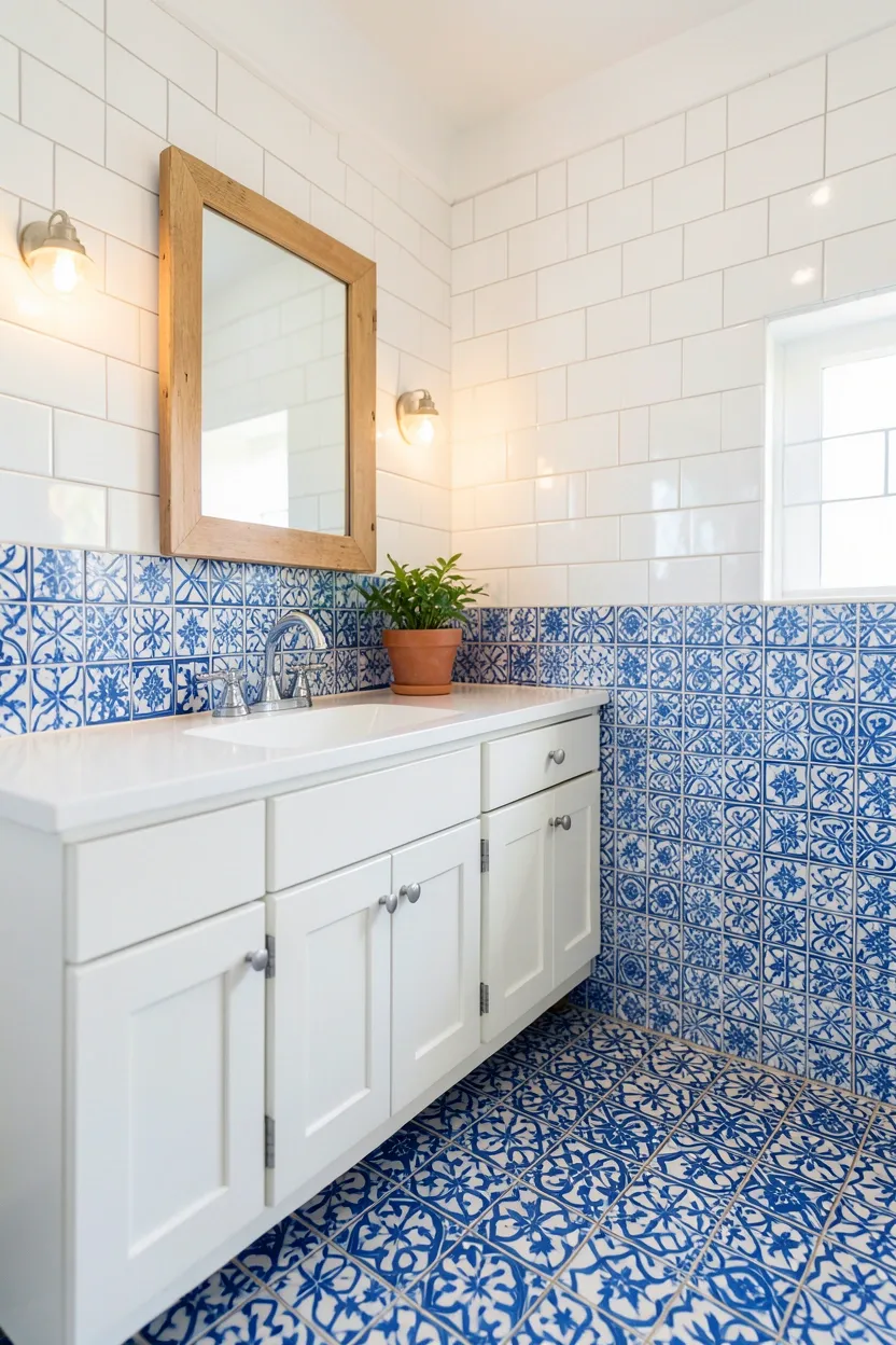 White shiplap accent wall behind bathtub in a bright neutral rental bathroom
