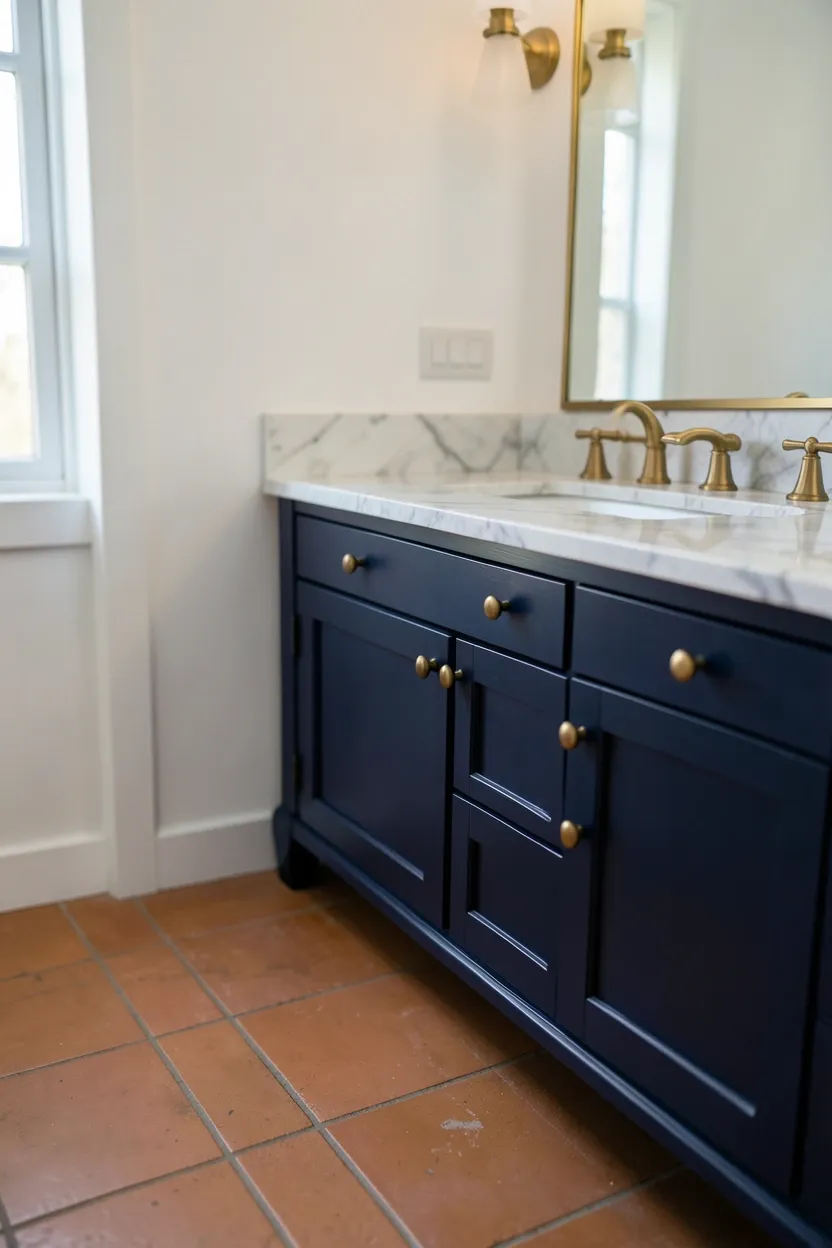 Bathroom with terracotta-painted ceiling and recessed lighting above sleek modern white vanity and neutral walls