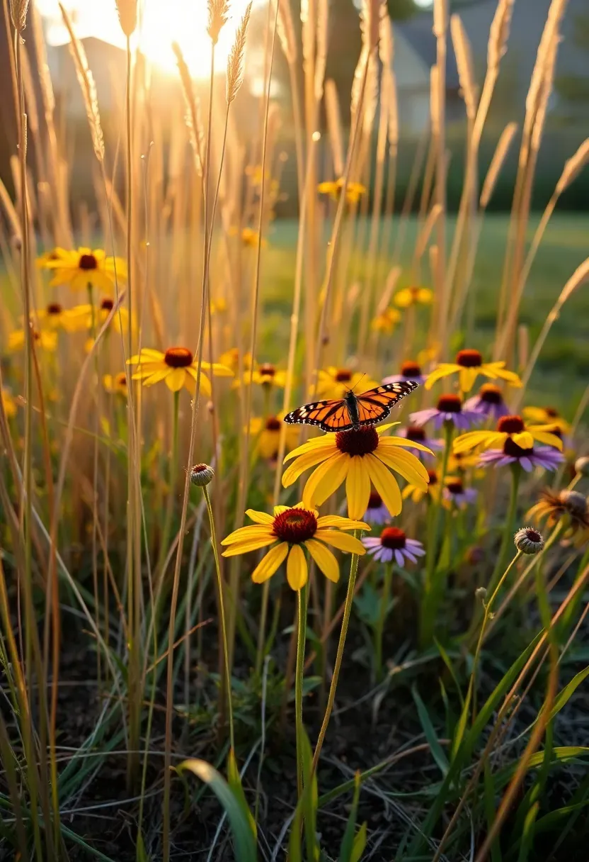 Naturalized backyard meadow planting with tall native grasses, black-eyed susans, coneflowers, and butterflies in golden afternoon light