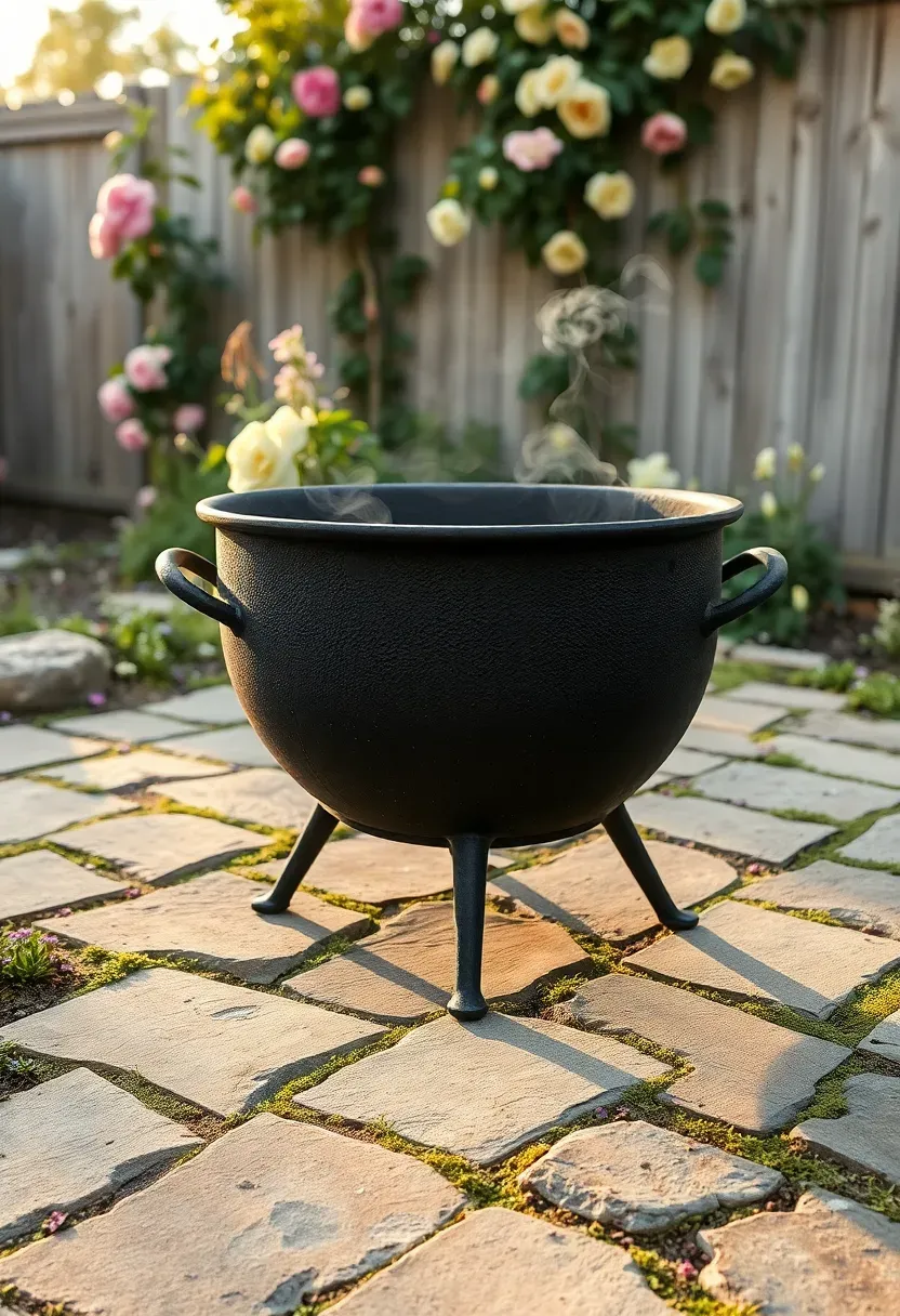 A black cast iron cauldron firepit sitting on irregular flagstone pavers in a cottage garden backyard