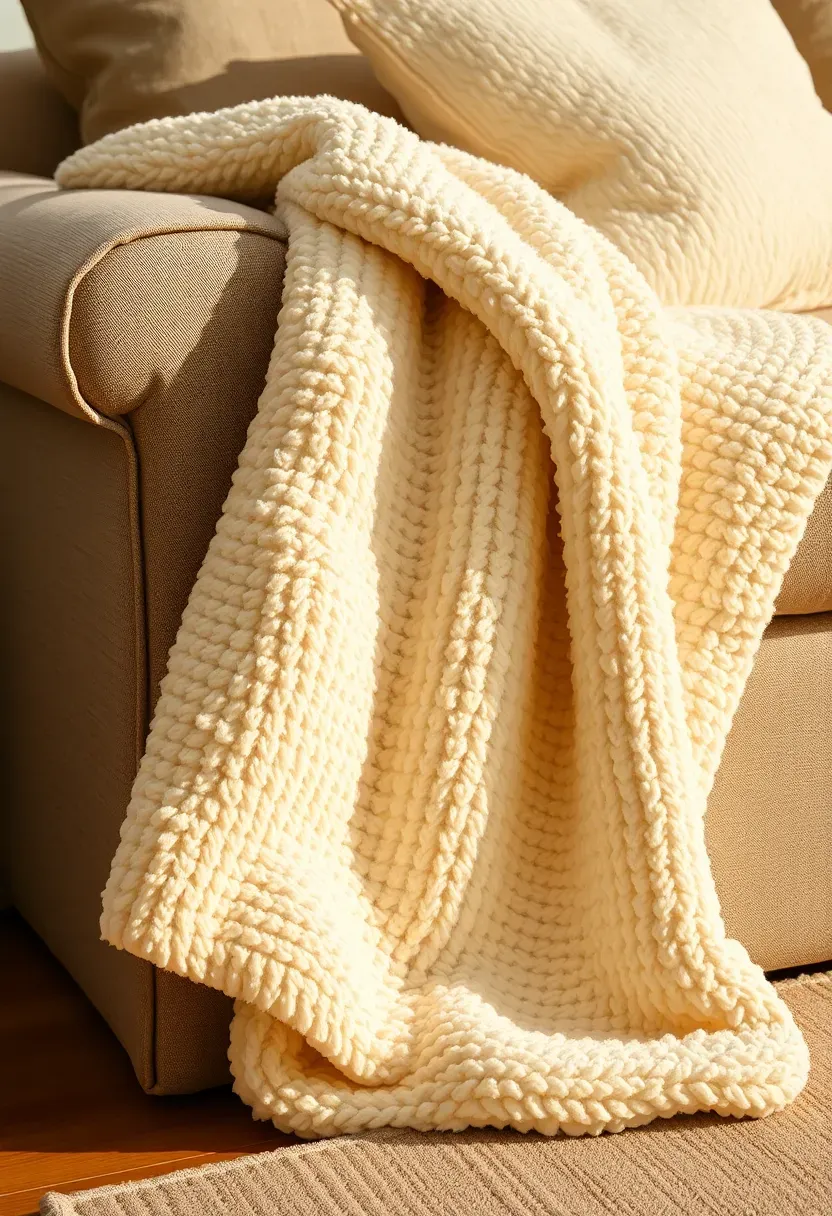 Chunky knit throw blanket in soft ivory draped over a linen sofa arm