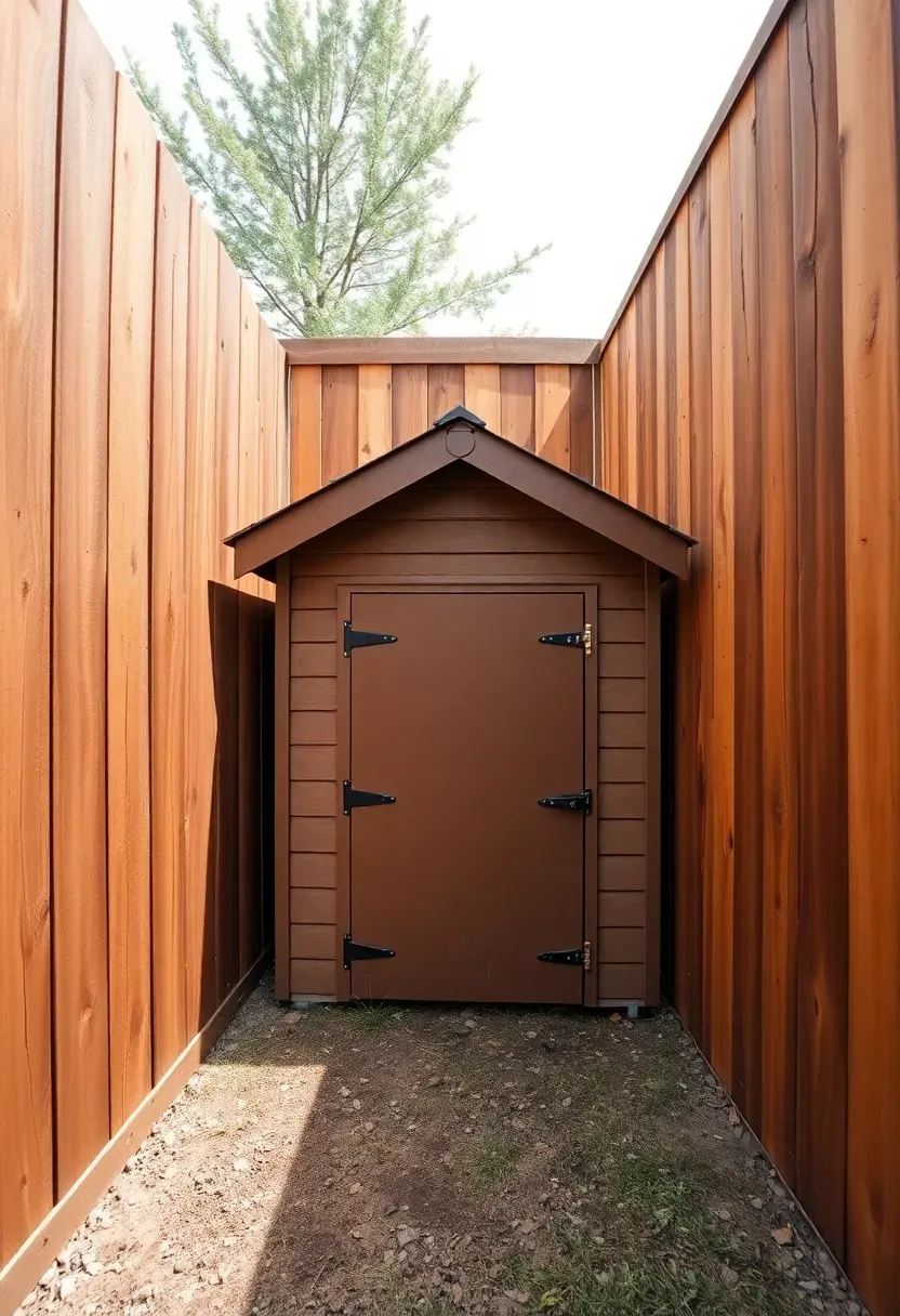 A triangular corner shed fitted snugly into the corner of a fenced backyard with two angled walls meeting at the fence junction