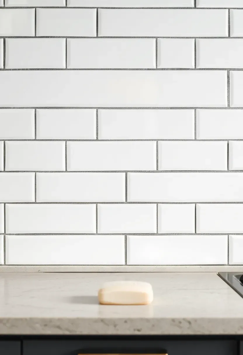 white kitchen tiles with contrasting dark charcoal grout creating grid pattern
