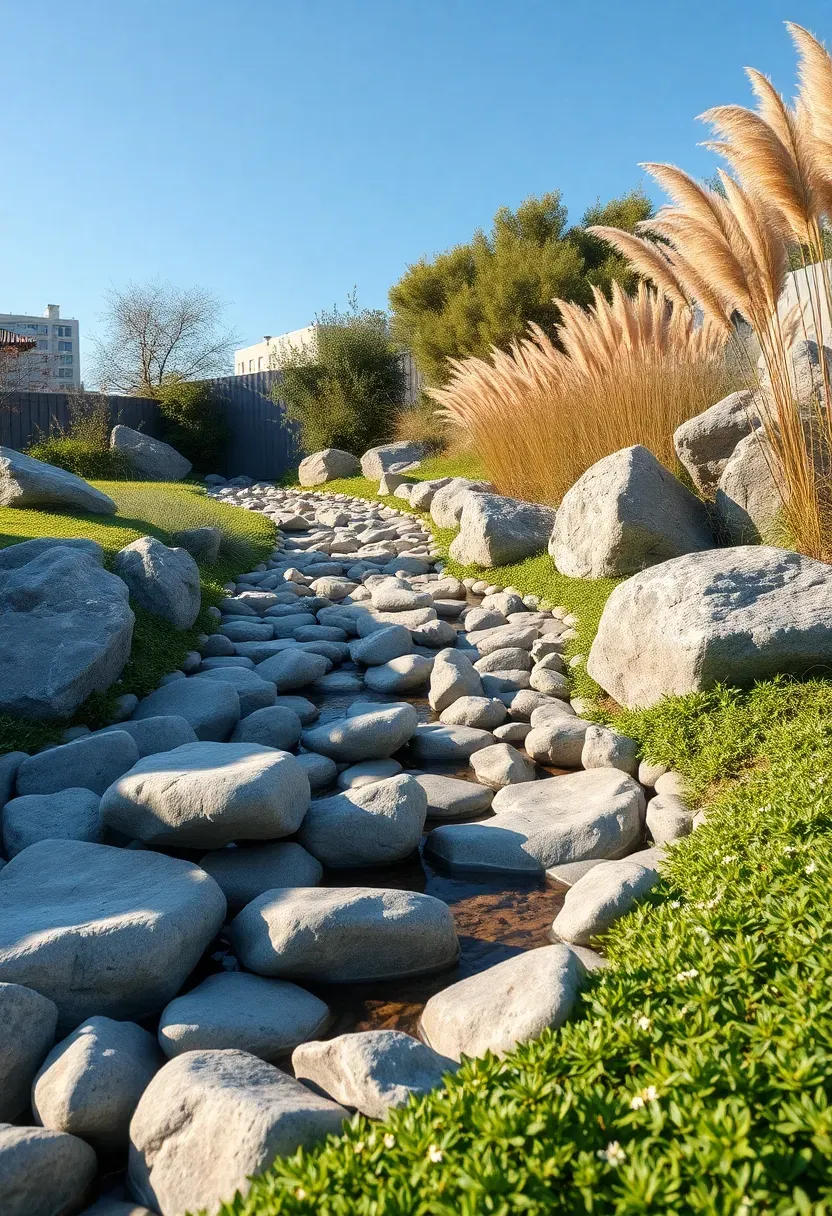 A winding dry river bed of smooth grey and white river rocks through a backyard garden, flanked by ornamental grasses and low groundcover, under clear sky