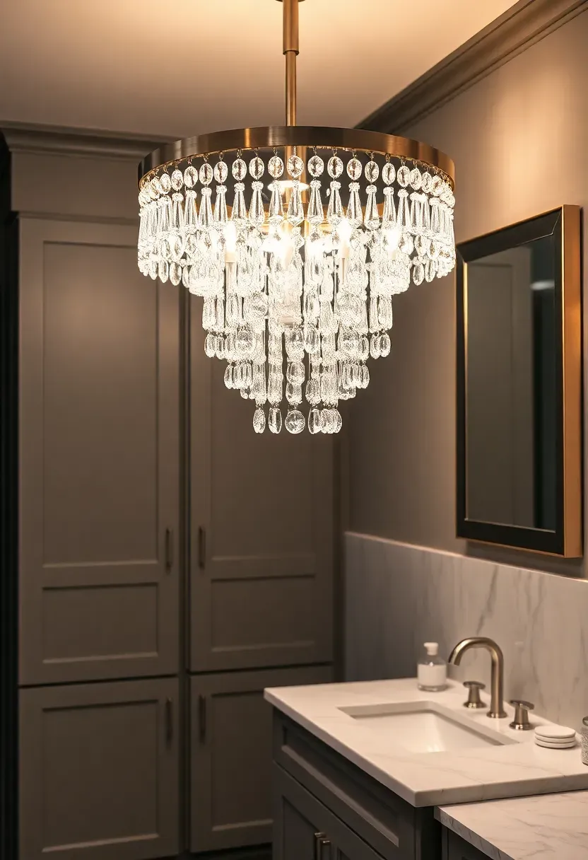 Brushed nickel waterfall chandelier with tiered crystal strands in a transitional bathroom with gray cabinetry