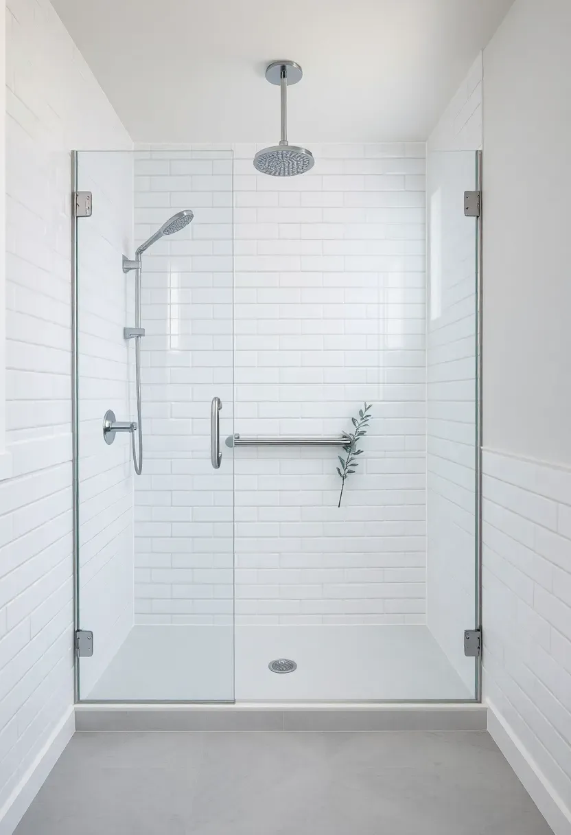 Frameless glass walk-in shower with white subway tile, polished chrome fixtures, and linear drain in a modern bathroom