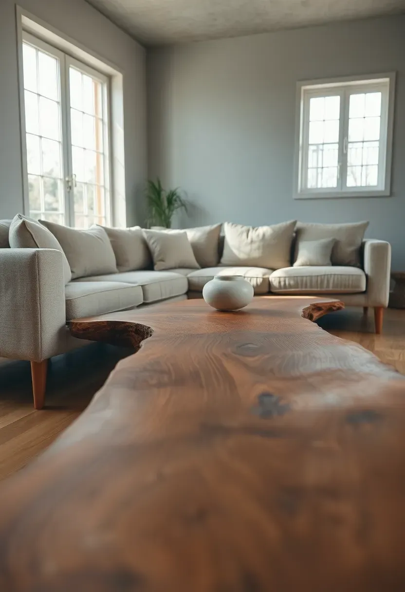 Hyper-realistic 3/4 view of an earthy modern living room featuring a beige linen-upholstered sectional with visible slub texture paired with a substantial raw-edge walnut coffee table with natural edges and visible grain, light oak wood flooring, warm gray plaster walls.