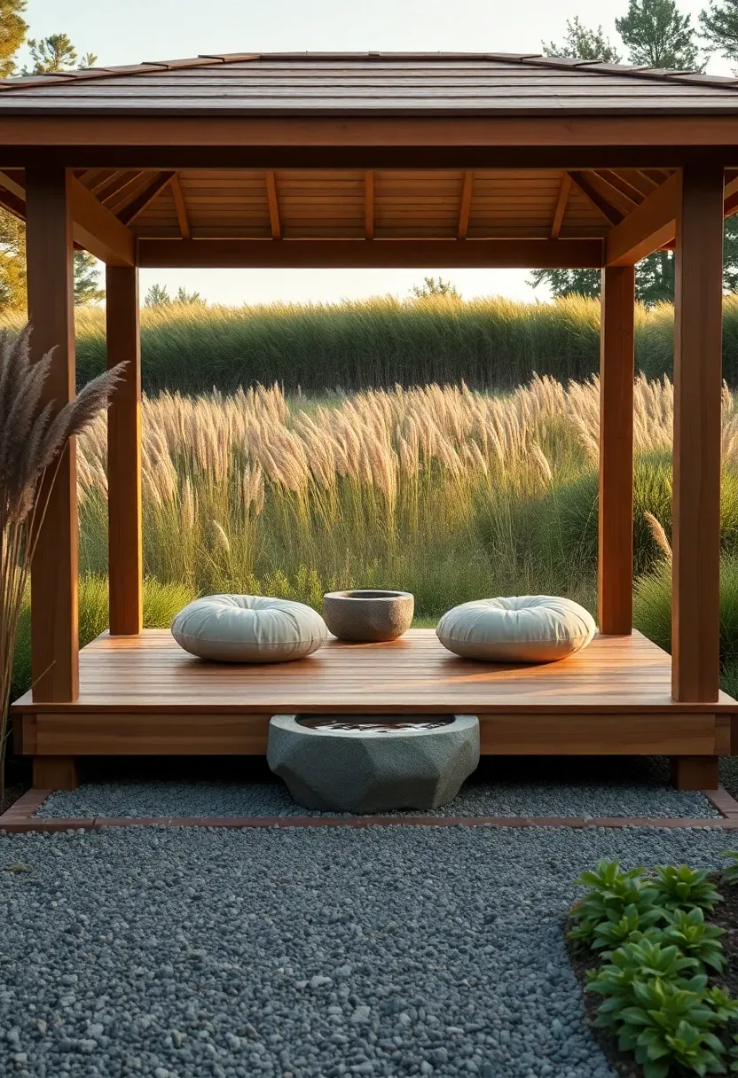 A simple open-sided gazebo designed for meditation with a low wooden platform, floor cushions, a small water feature nearby, surrounded by tall ornamental grasses and a gravel path