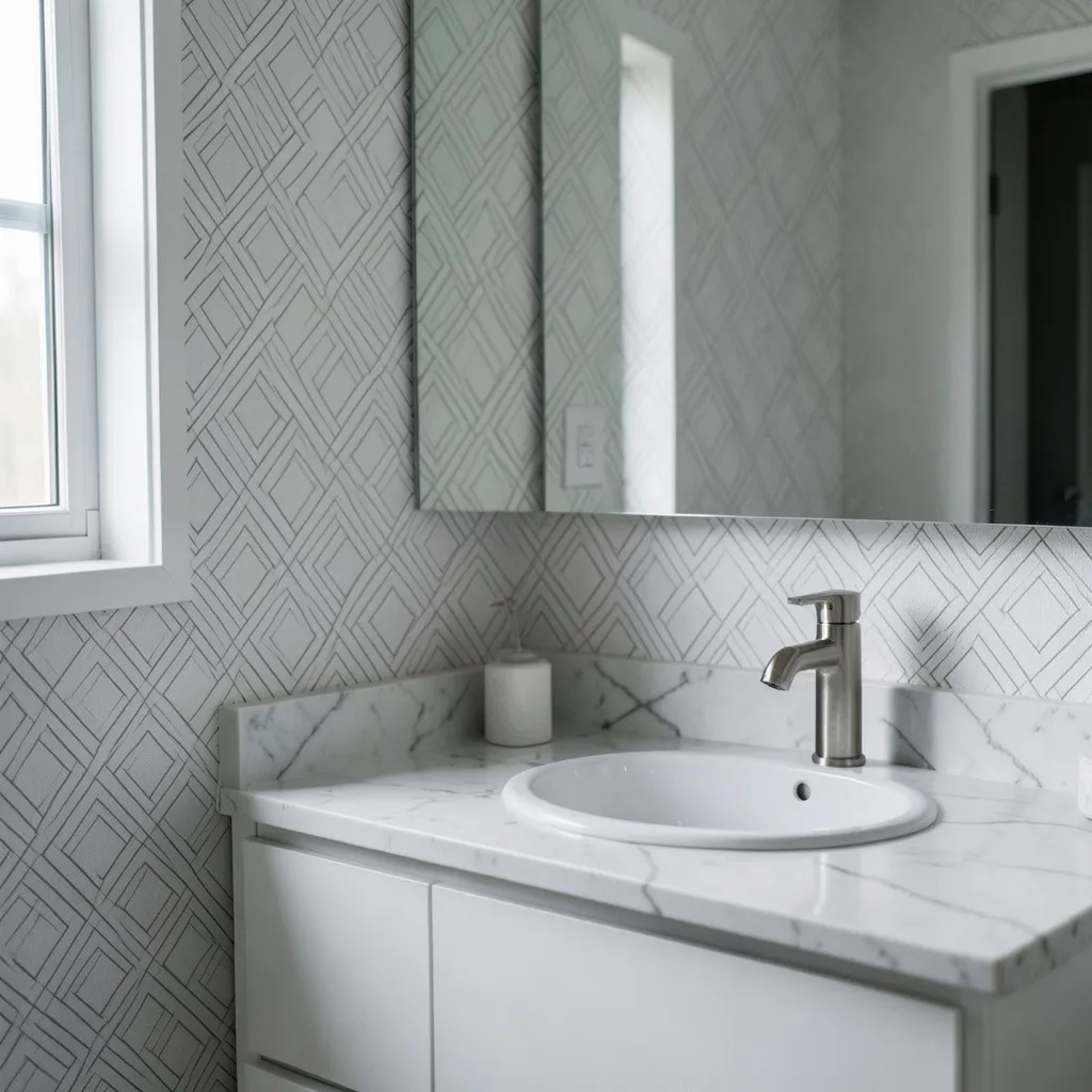 Removable wallpaper with gray geometric pattern behind bathroom vanity