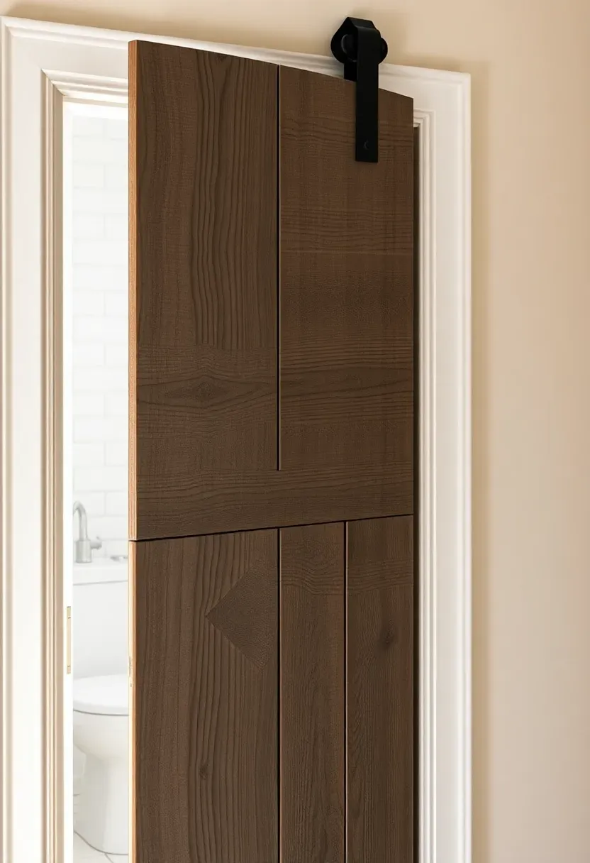 Sliding barn door on black metal hardware separating farmhouse bathroom from bedroom
