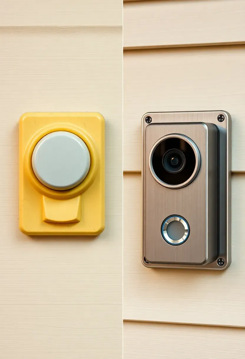 Before showing a vintage push-button doorbell on a ranch home and after showing a modern video doorbell with integrated camera and sleek brushed nickel faceplate