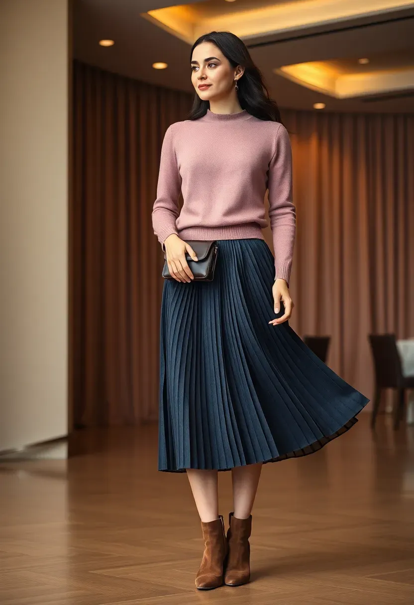dusty rose cashmere sweater paired with a pleated midi skirt at a winter celebration