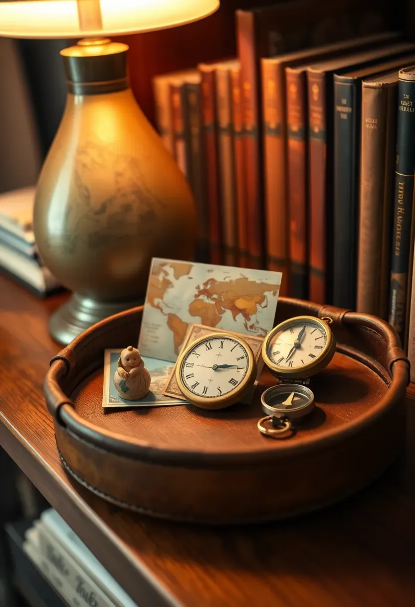 Round tray displaying travel souvenirs including small figurines postcards and vintage compass