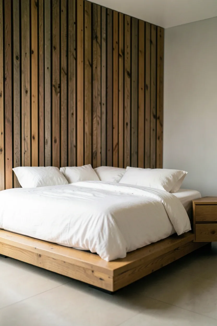 Vertical Wood Slat Wall for Sleeping Area Definition