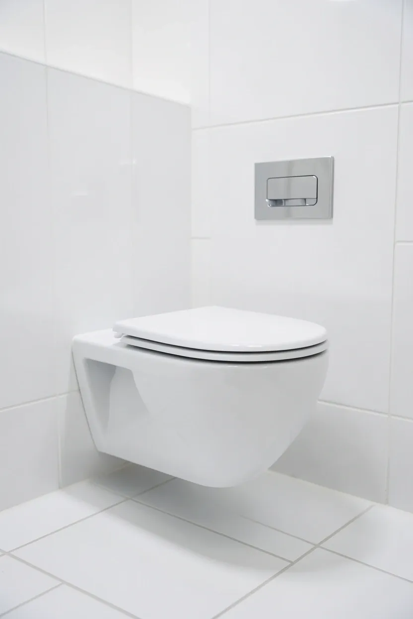 Wall-mounted toilet with concealed tank in a sleek modern apartment bathroom, freeing up floor space for a spacious feel
