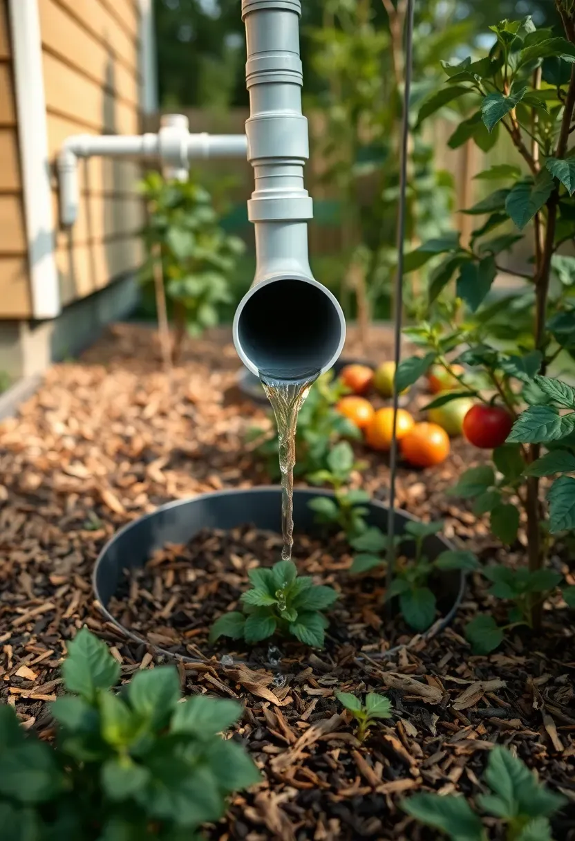 Hyper-realistic 3/4 view of a tiny house greywater system showing outlet pipe from house distributing water to mulch basin around fruit trees and vegetables. Materials: PVC pipe, wood chip mulch, established garden beds, thriving plants. Soft morning sunlight, productive garden. Water recycling system, permaculture landscaping, sustainable resource use. Shallow depth of field, lush vegetation. No text, no logos.</p>