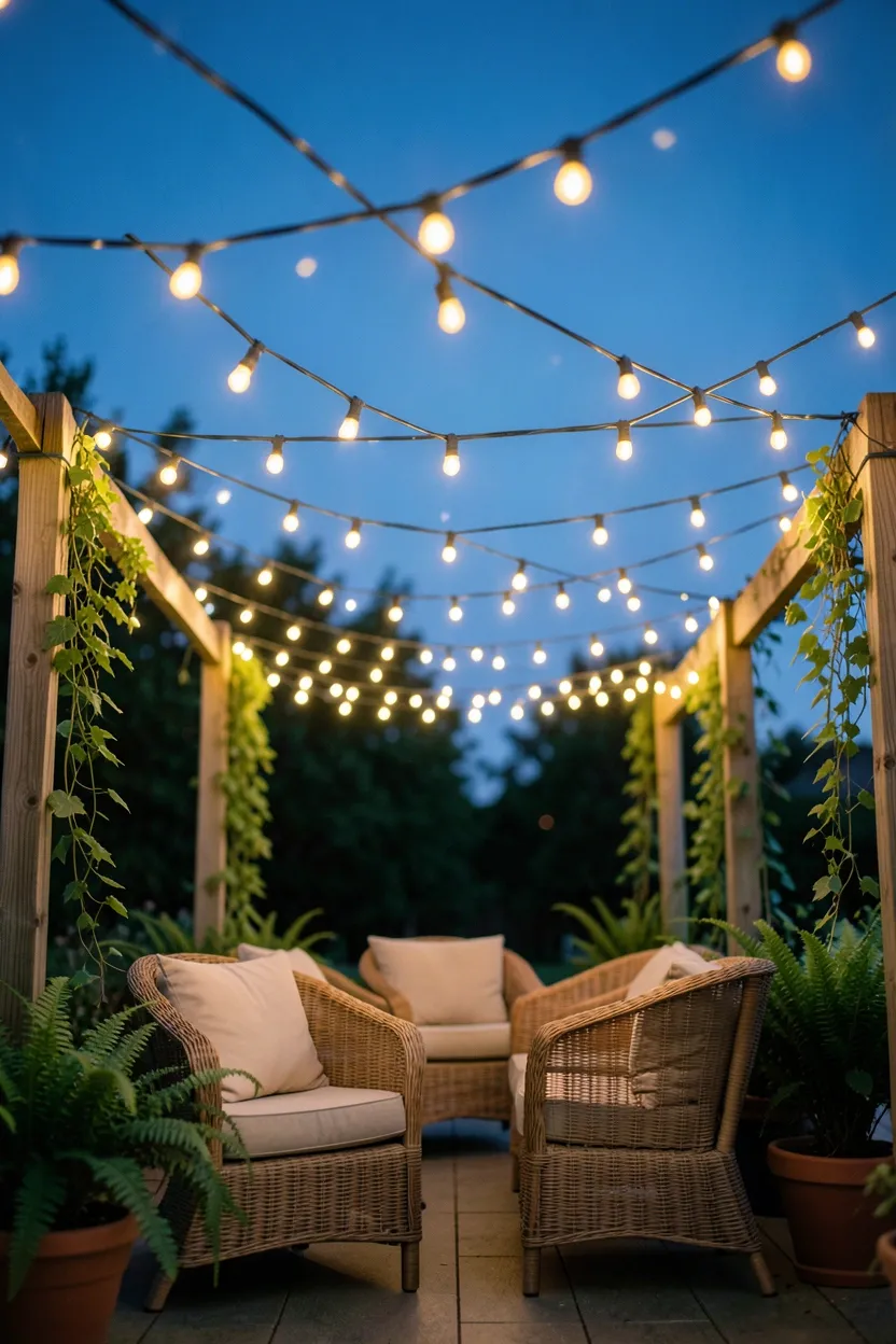 Hyper-realistic slightly elevated photograph of a backyard string light canopy. Crisscross pattern of warm white LED string lights suspended between wooden posts, creating a magical ceiling over outdoor seating area. Wicker chairs with soft beige cushions positioned beneath lights. Potted ferns and trailing vines add greenery. Twilight blue sky transitioning to evening. Materials: weather-resistant string lights, natural wood, woven wicker. Romantic evening mood. Shallow depth of field, bokeh effect from lights. No text, no logos, no watermarks.</p>