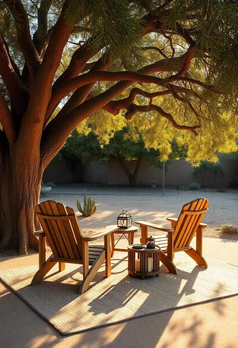 Mature mesquite tree with broad canopy shading a seating area with Adirondack chairs, a woven rug, and lanterns in a Tucson backyard at golden hour