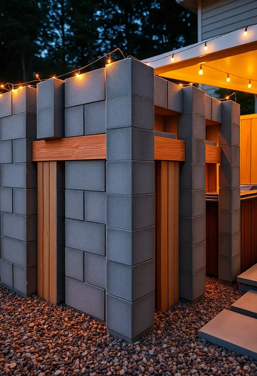 A DIY privacy screen made from stacked cinder blocks with horizontal cedar boards inserted between the block columns next to a backyard hot tub with string lights above