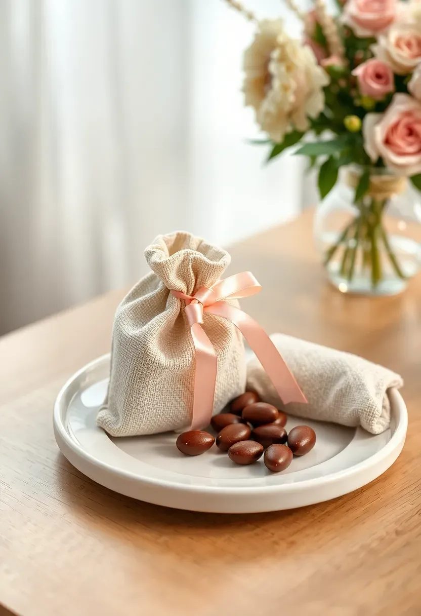 small woven linen pouch filled with chocolate almonds tied with a satin bow on a white plate