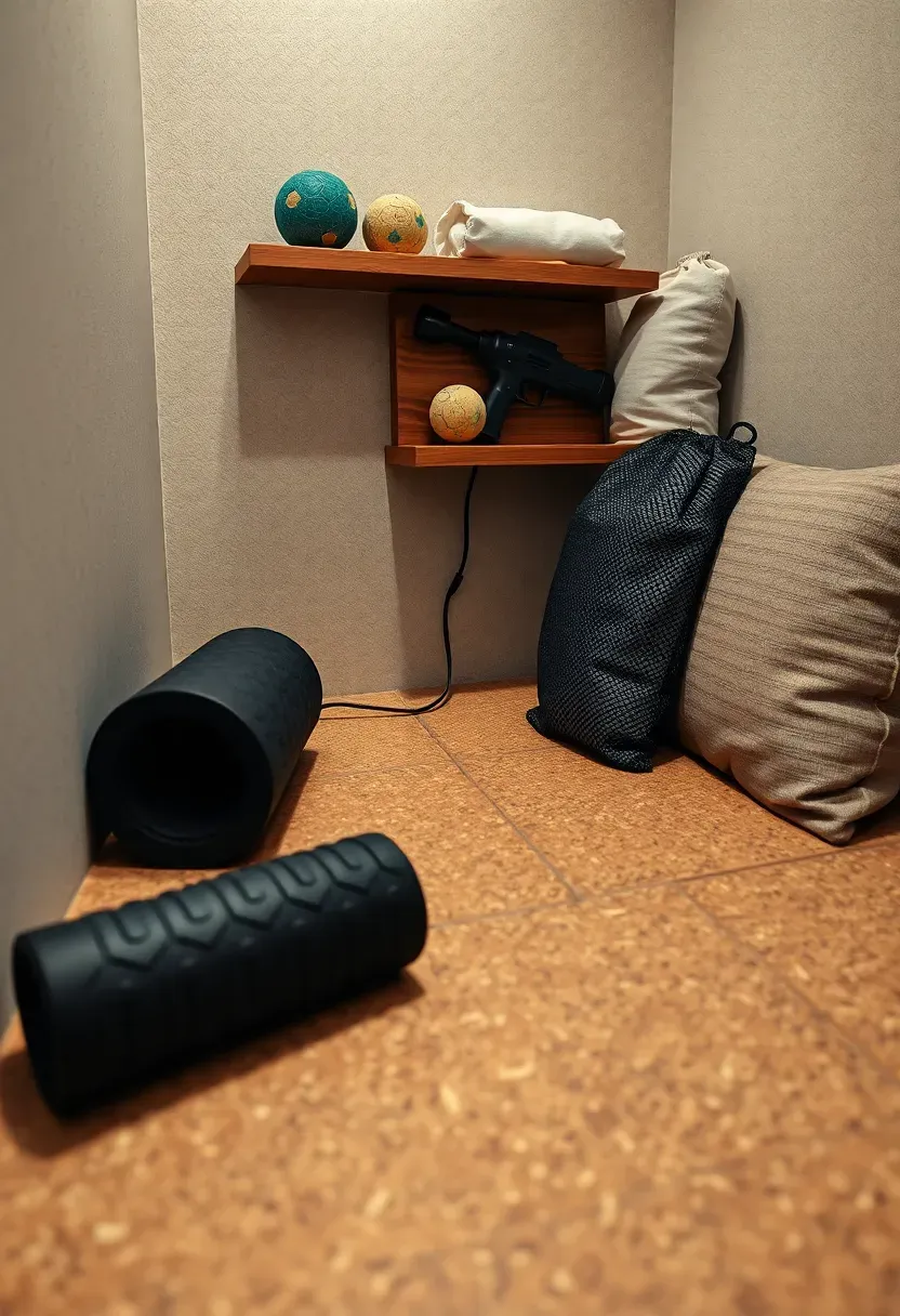 Cozy recovery station in a basement gym with a foam roller, massage gun on a shelf, lacrosse balls, and a yoga bolster on cork tiles