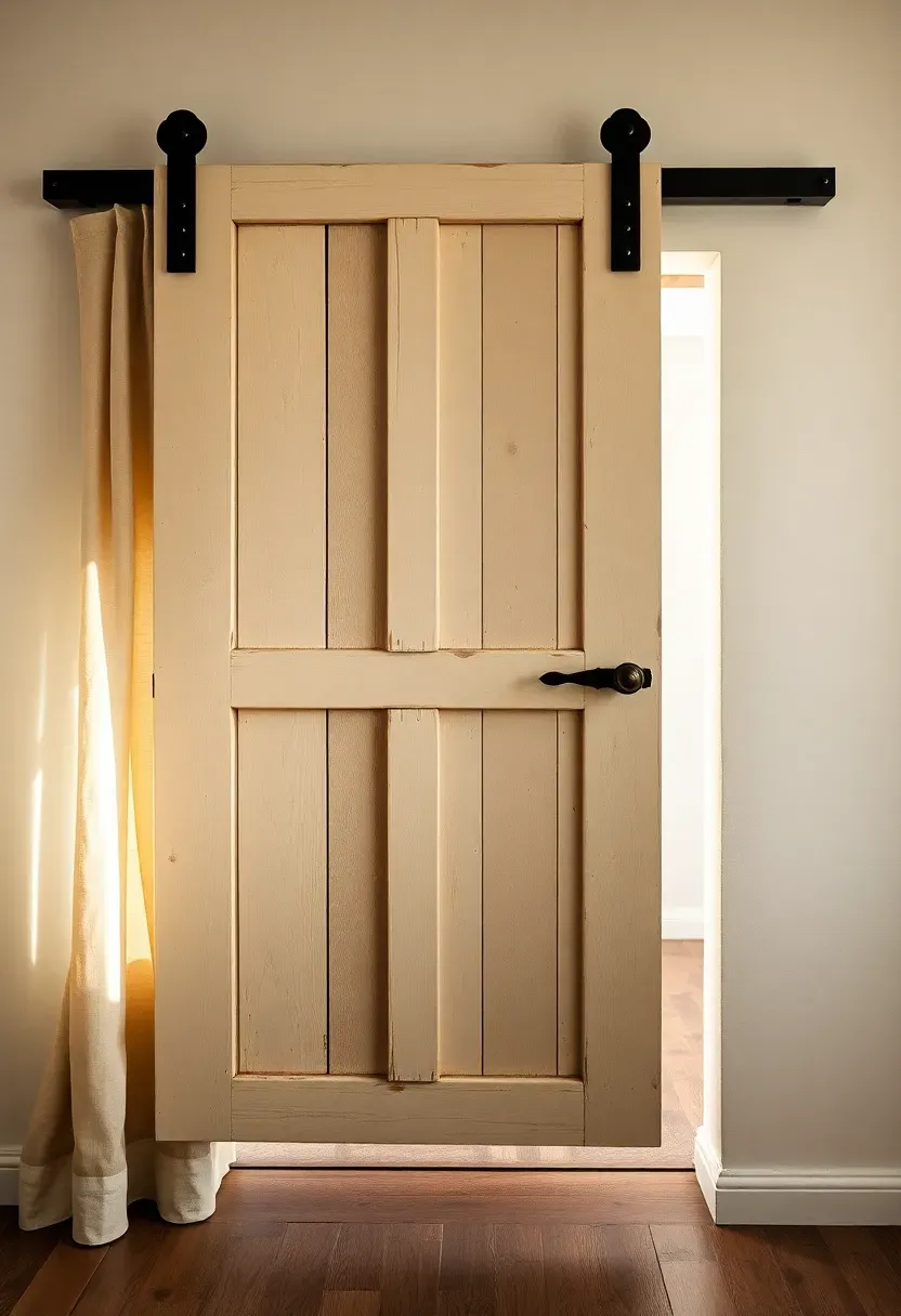 Antique barn door with original hardware used as a sliding room divider in a whitewashed farmhouse sunroom with linen curtains and natural light