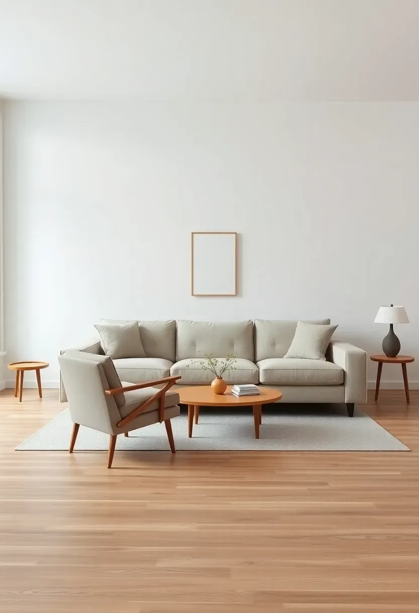 Hyper-realistic wide shot demonstrating negative space in Scandinavian living room. Light oatmeal linen sofa floating in center with generous empty space around all sides, single chair positioned with breathing room, large empty wall area with one small art piece rather than gallery wall, coffee table with only single object. Light oak wood floor expansive and visible. White walls with intentional emptiness. Negative space philosophy mood showing how emptiness around objects creates calm and makes room feel larger.</p>