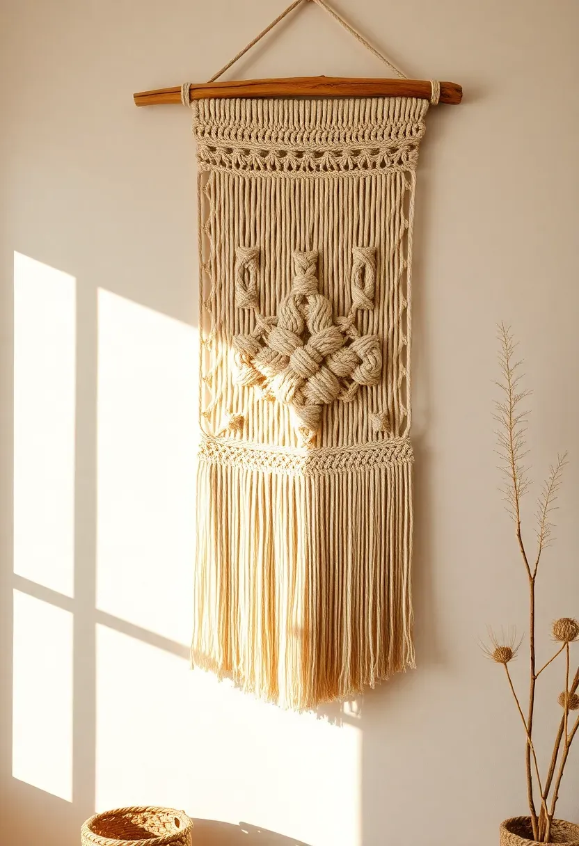 large macrame wall hanging adding texture to a white sunroom wall