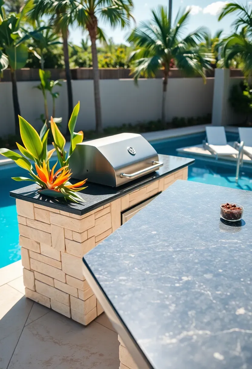 Grill station adjacent to an in-ground swimming pool with a wet bar counter, tropical plants, and pool deck pavers extending to the cooking area