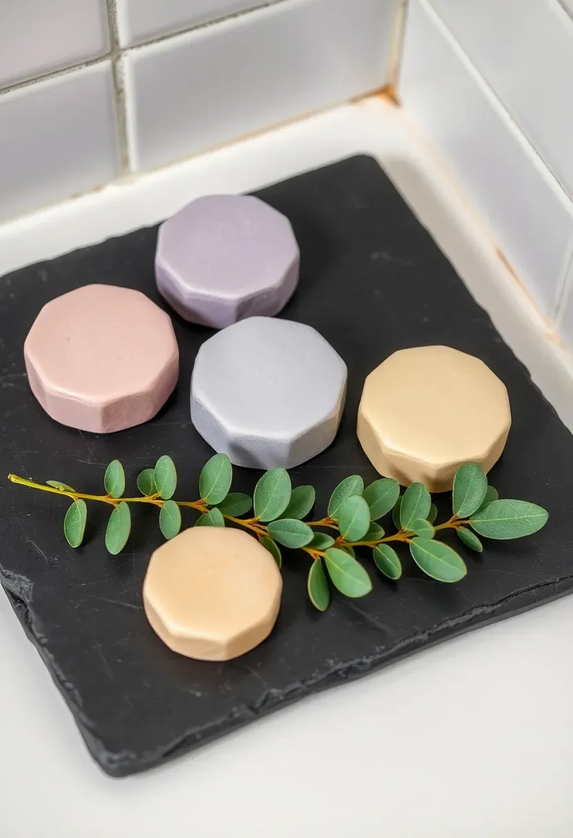 aromatherapy shower steamers in pastel colors arranged on a slate tray with eucalyptus sprigs