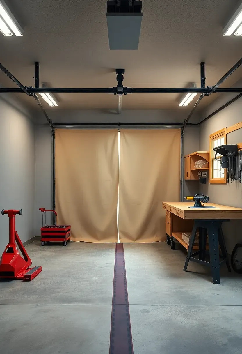 Half of a two-car garage set up as an automotive repair bay with a lift and the other half as a woodworking workshop