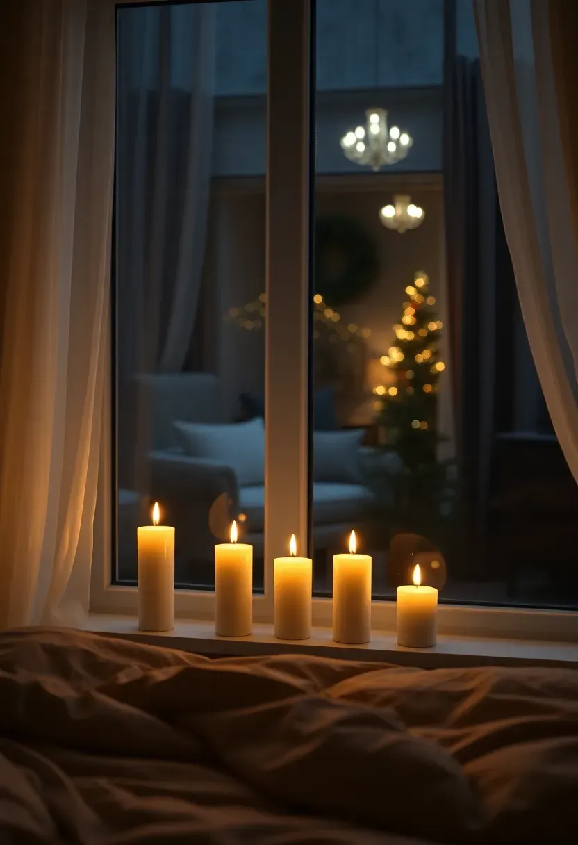 Hyper-realistic 3/4 view of bedroom window with five battery pillar candles in varied heights arranged on windowsill. Warm flickering LED flames visible through white sheer curtains. Dark winter night visible through window beyond. Cream bedding and dark wood furniture in room interior. Materials: LED pillar candles, sheer curtains. Warm candlelight glow, window display creating beautiful silhouette effect. Classic Christmas window decor. Shallow depth of field, soft focus on candlelight. No text, no logos, no watermarks.</p>