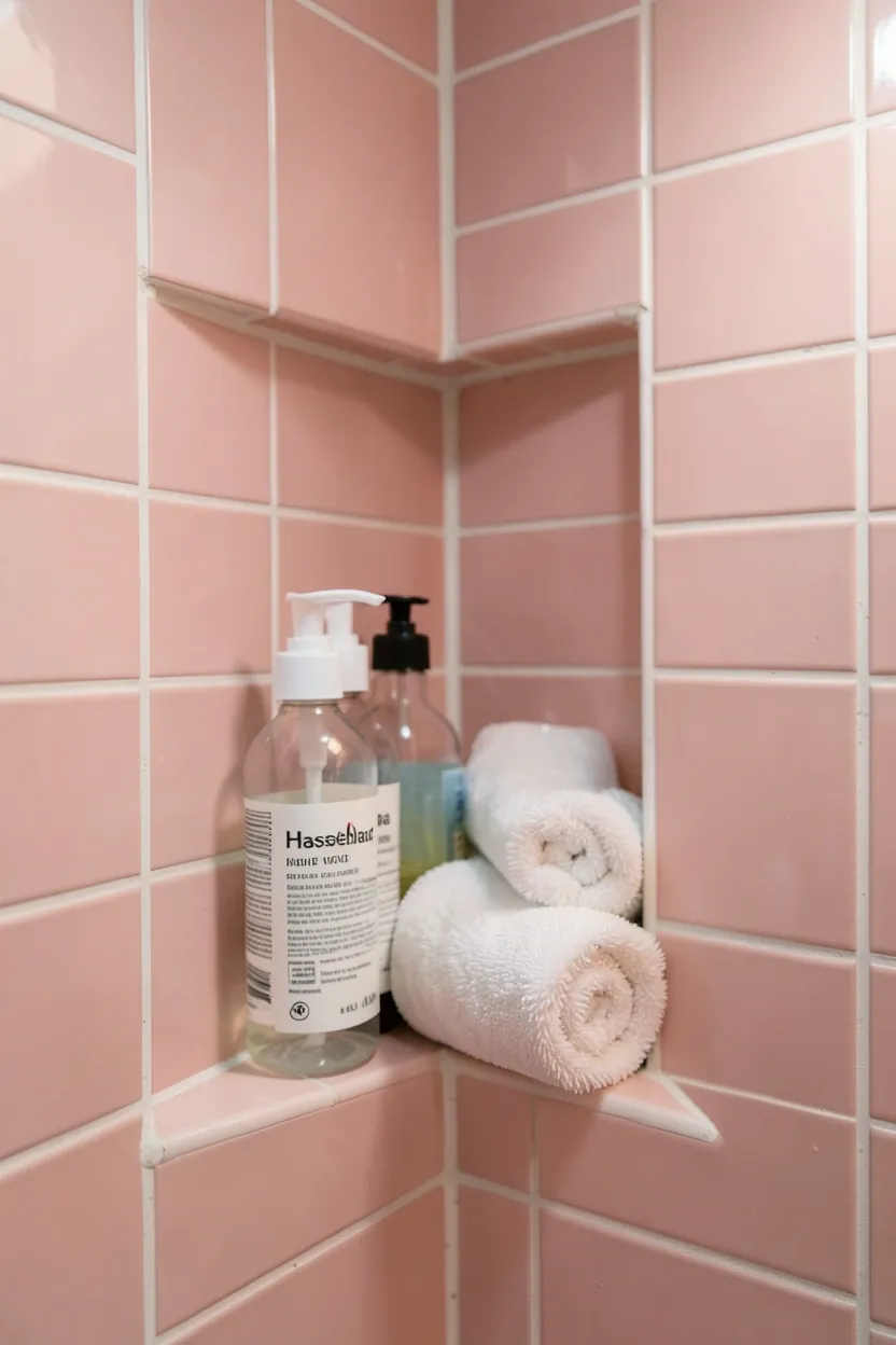 Pink subway tile shower niche at eye level storing toiletries, charming pink bathroom accent detail with functional built-in storage