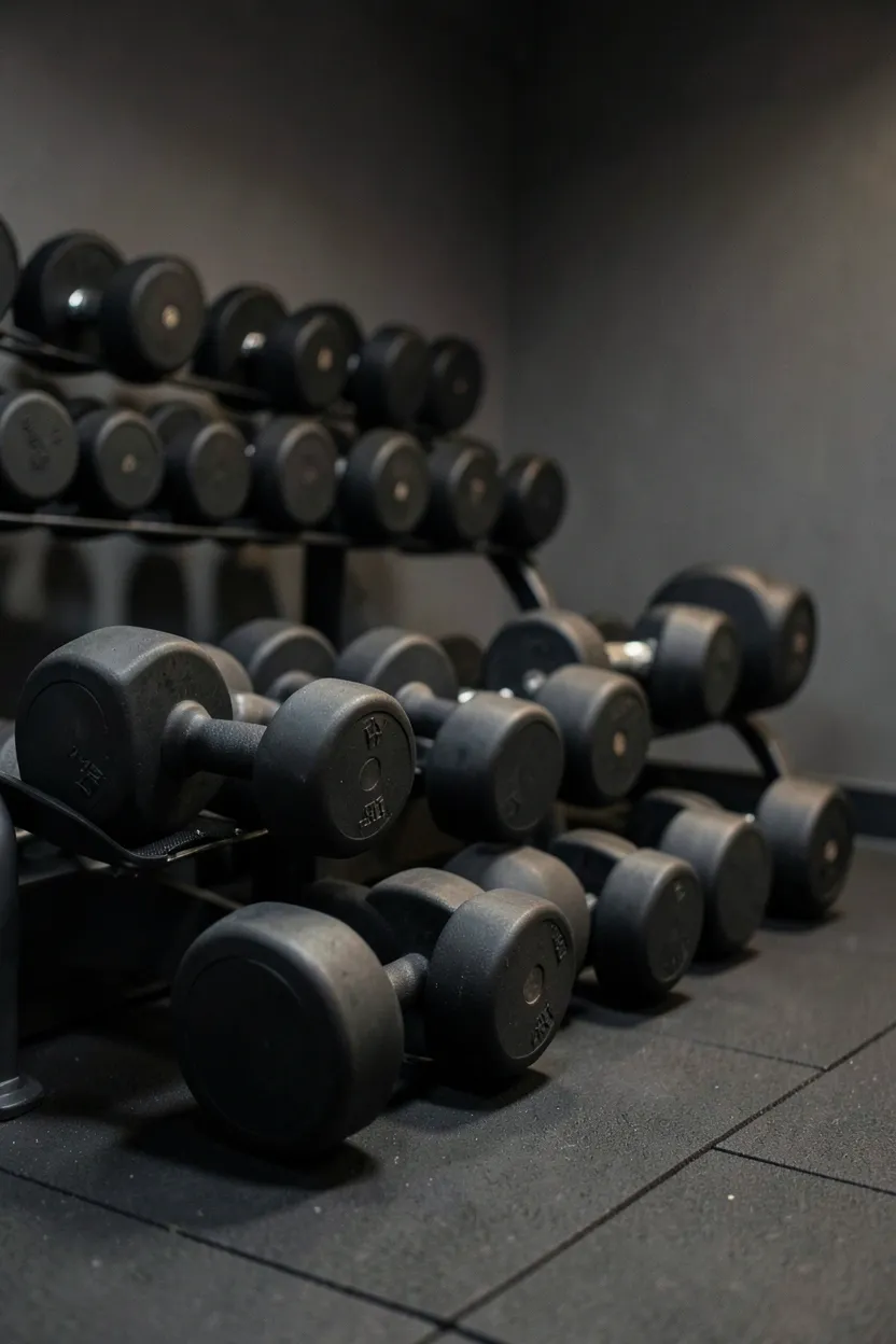 Black powder-coated barbell and weight plates on a dark squat rack creating a cohesive all-black home gym aesthetic