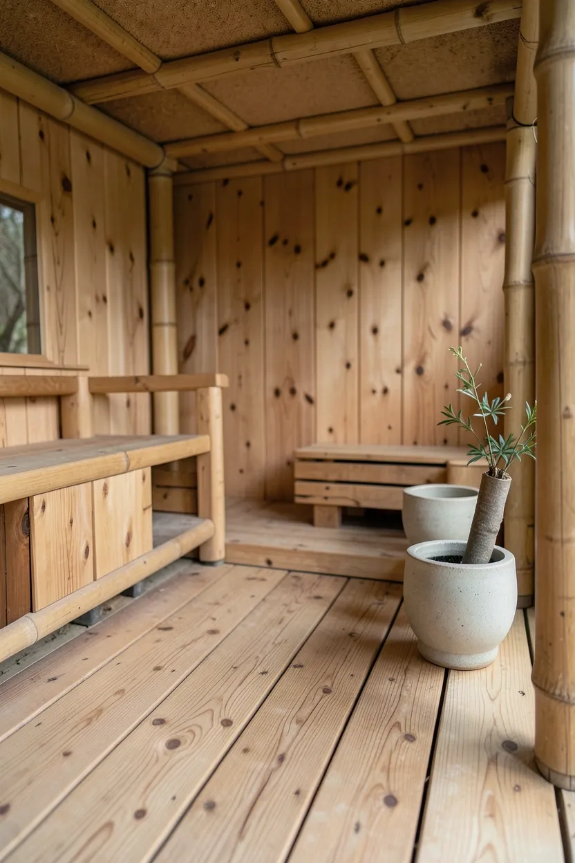 Wabi-sabi home gym with raw untreated cedar sauna showing natural knots and grain, unfinished wood floors, bamboo equipment, and single ikebana arrangement
