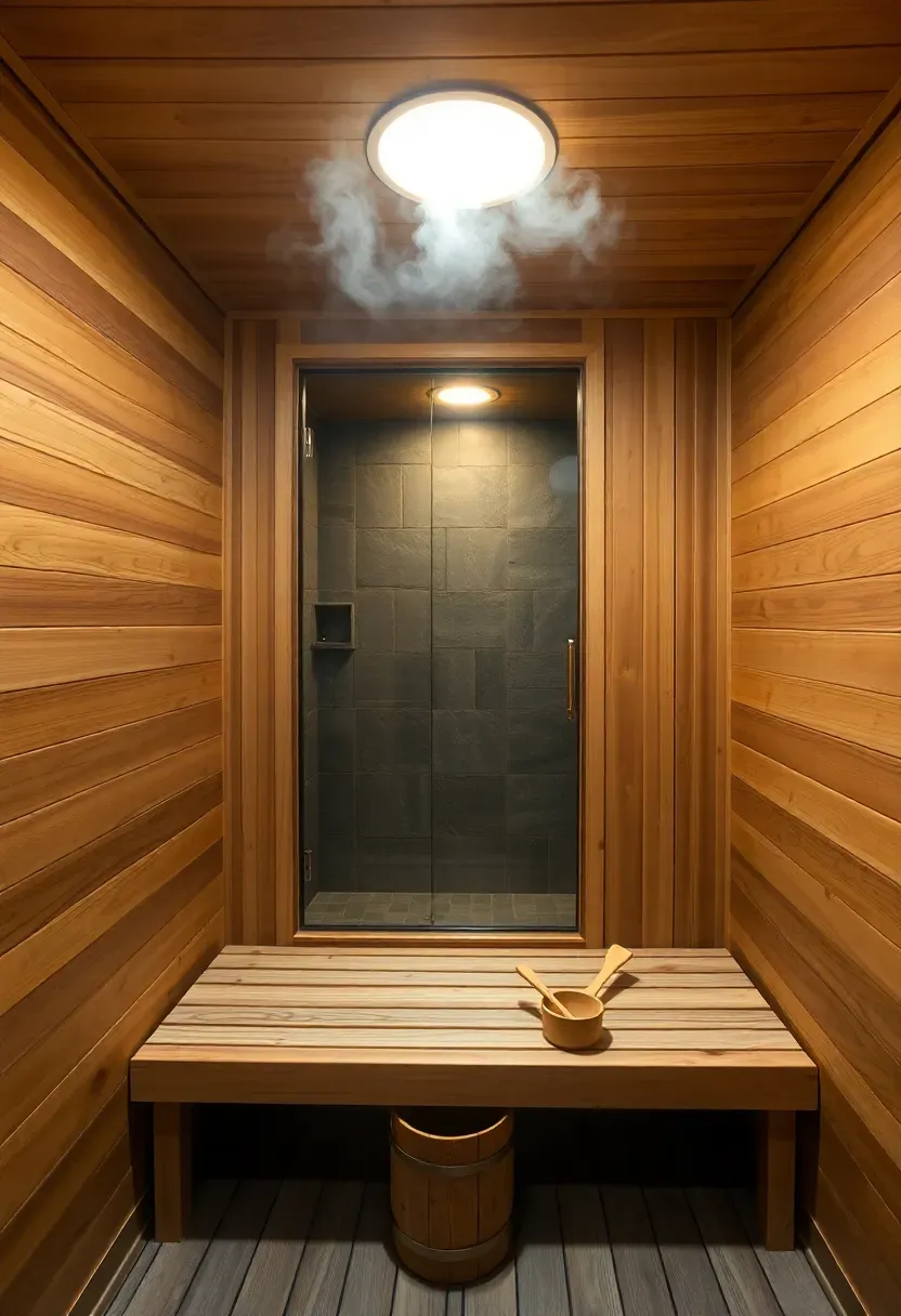 Small basement sauna room with cedar plank walls, a glass door, a wooden bench, and an adjacent shower area with stone tile flooring