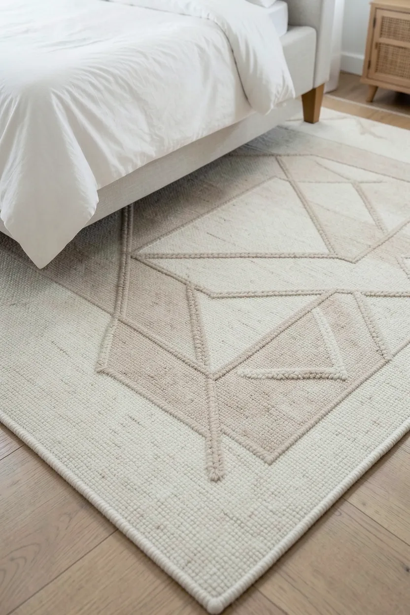 Woven neutral area rug with subtle geometric pattern in cream and beige tones under a bed in a calm bedroom