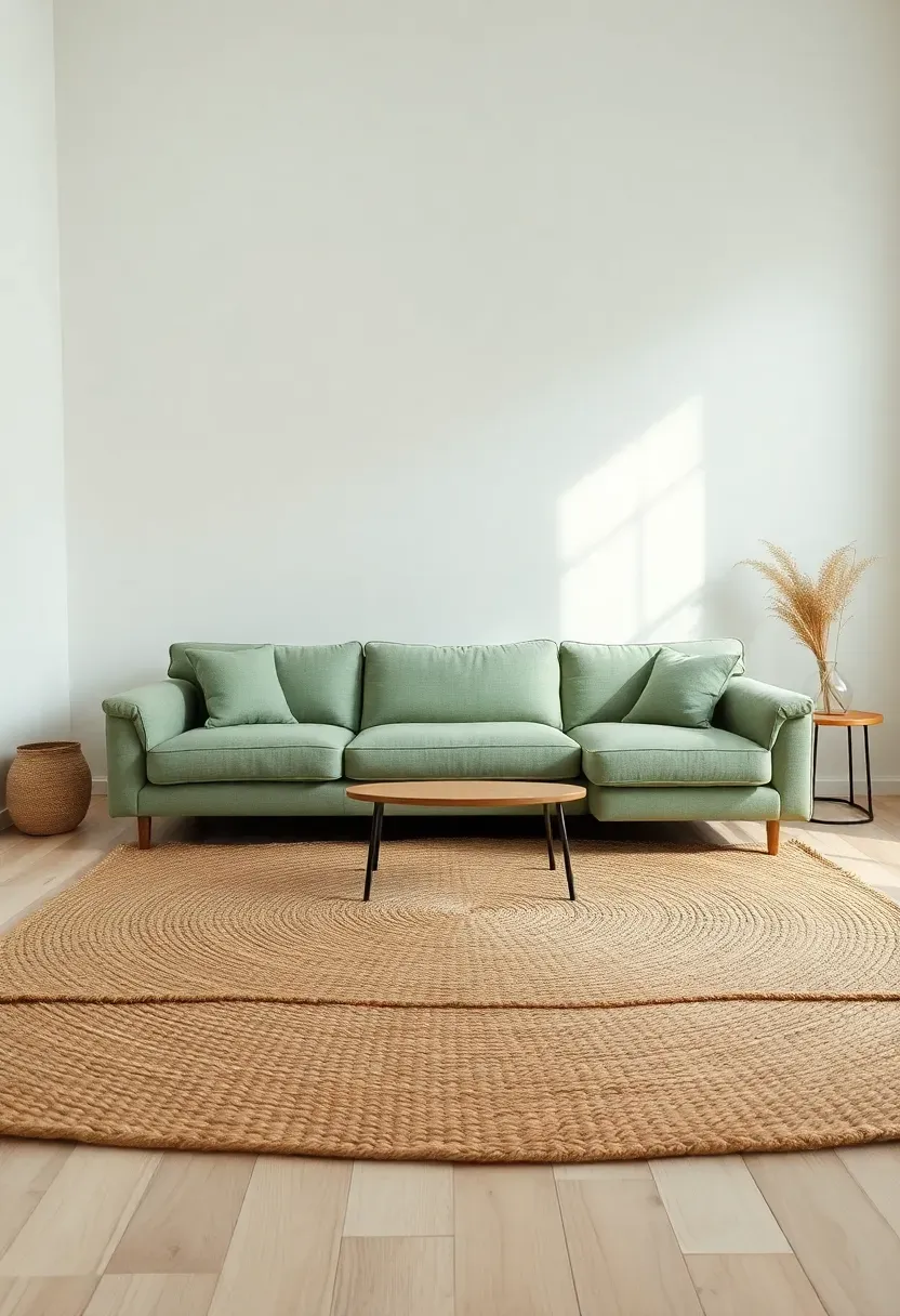 Hyper-realistic wide shot of minimalist living room centered on sage green sectional sofa, natural jute rug, white walls, light wood floor. Materials: sage green fabric upholstery, woven jute fiber rug, white painted walls, oak wood floor. Soft diffused natural light, serene organic minimalist mood. Clean composition with negative space, shallow depth of field, no text, no logos.</p>