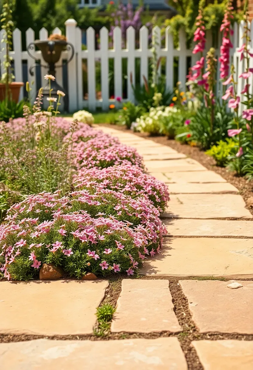 Warm-toned sandstone slab pathway with wide joints planted with woolly thyme through a sunny cottage-style backyard