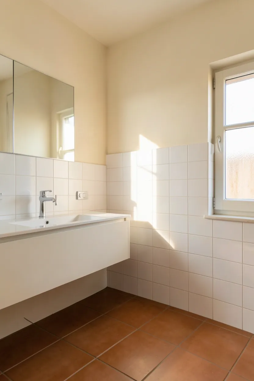 Warm rental bathroom with terracotta floor tiles, cream walls, and copper accents — earthy apartment bathroom color palette