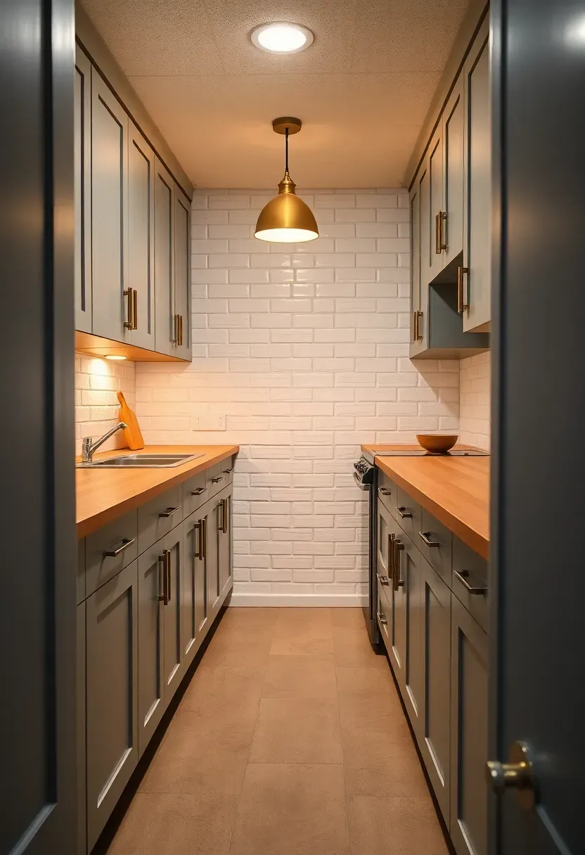 Narrow galley-style basement kitchenette with cabinets on one side, a slim counter on the opposite wall, and pendant lighting overhead