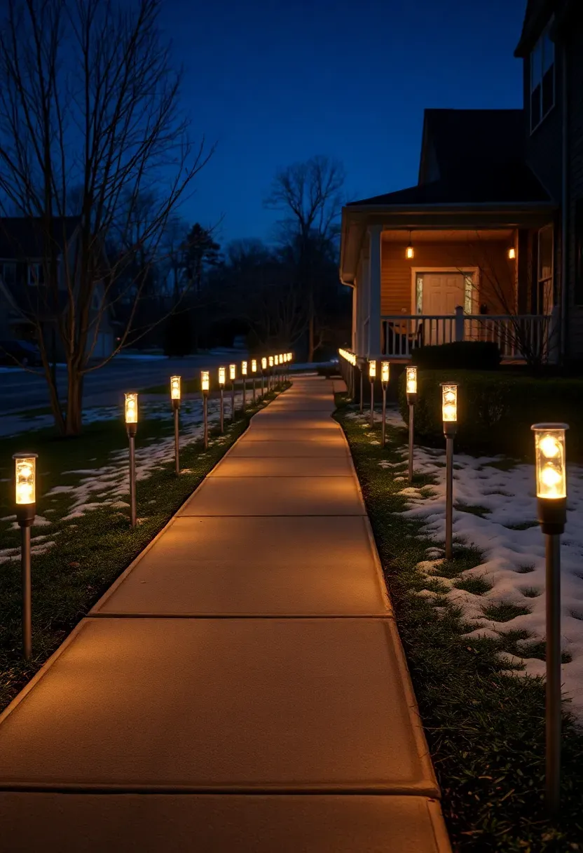Hyper-realistic evening exterior shot of concrete pathway lined with warm white C7 LED lights on metal stakes leading from sidewalk to front porch. Pathway is approximately 30 feet long, 4 feet wide, with lights placed every 3 feet on alternating sides creating visual rhythm. Front porch visible at end with warm glow from door light. Front yard has light snow cover, bare deciduous trees, small evergreen shrubs along house foundation. Dark blue twilight sky. Materials: concrete, metal stakes, LED bulbs, snow, plant material. Warm white light (2800K) reflecting off snow creating pathway definition and guiding perspective, welcoming arrival mood, medium-wide composition showing pathway from street to house, diagonal leading line composition. No text logos watermarks.</p>
