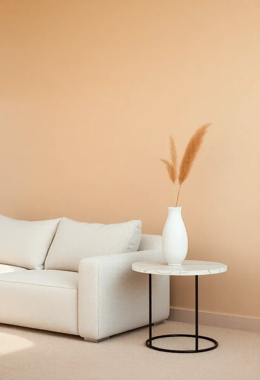 minimalist living room painted in warm putty with low-profile sofa and sculptural ceramic vase