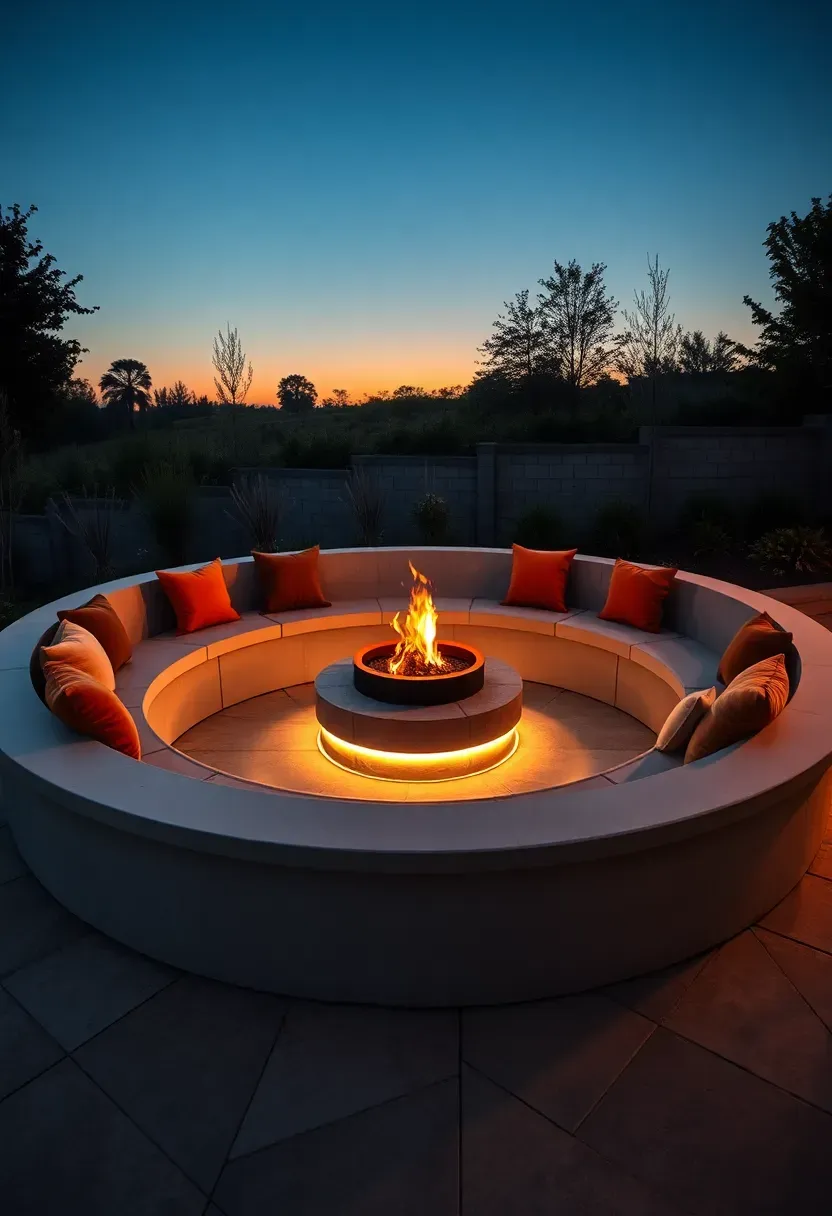 Curved concrete seating wall surrounding a patio with a fire pit in the center, accent cushions, and integrated landscape lighting along the wall base