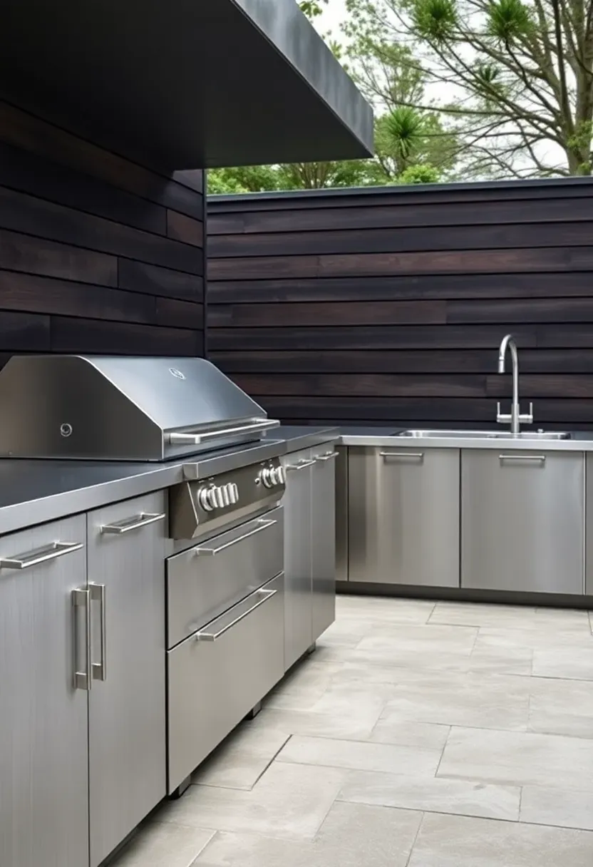 Sleek linear outdoor kitchen with full stainless steel cabinetry and countertops against a modern backyard fence