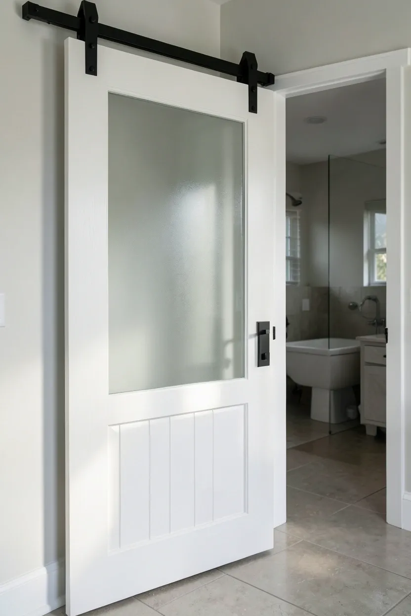 Sliding barn door with frosted glass panels on black hardware track leading to a modern farmhouse bathroom