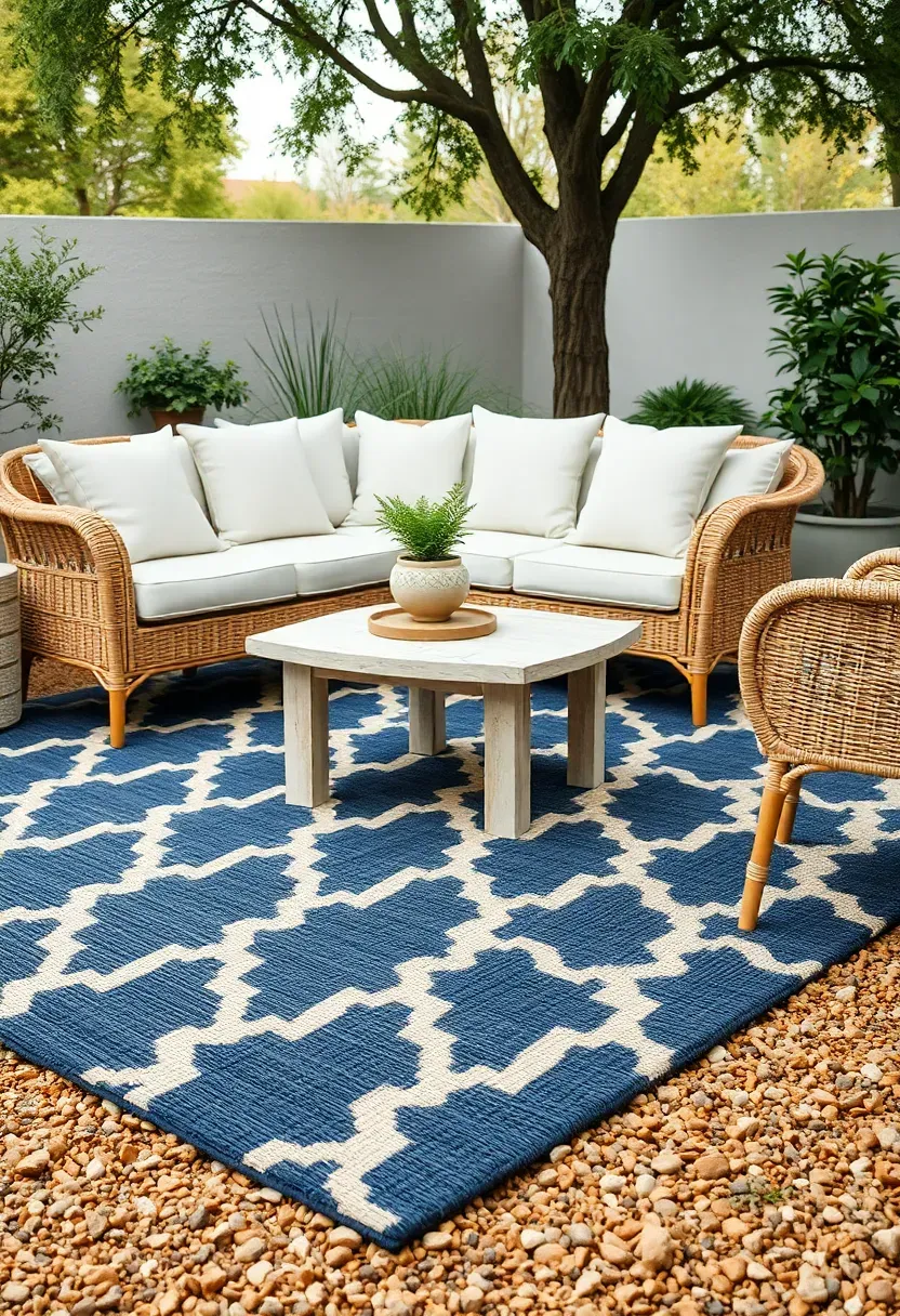 Outdoor living area with a large patterned rug, wicker sofa, and coffee table on a gravel patio in a backyard